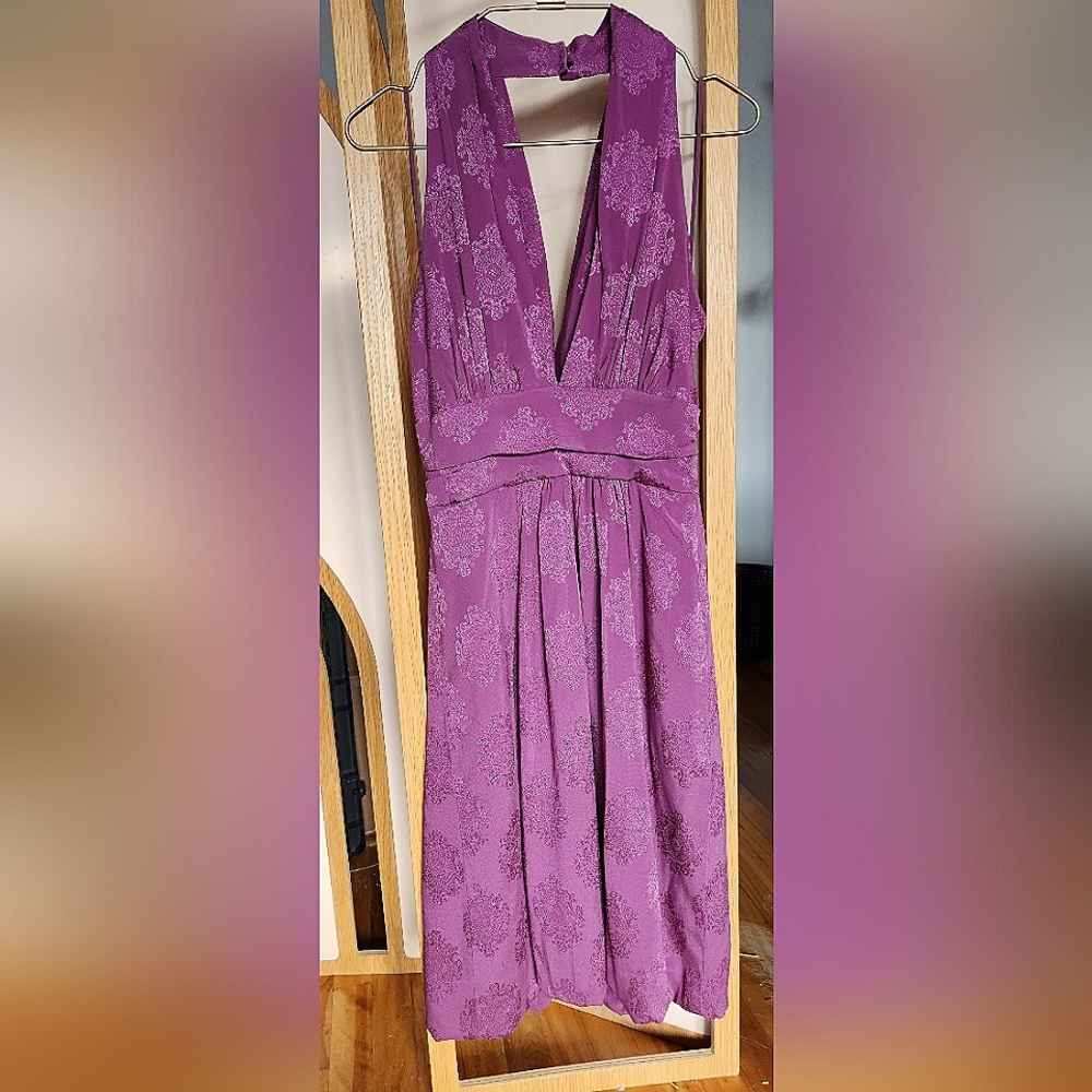 Nicole Miller Purple Silk Halter Deep V-neck Cowl Back Bubble Hem Dress/US 6